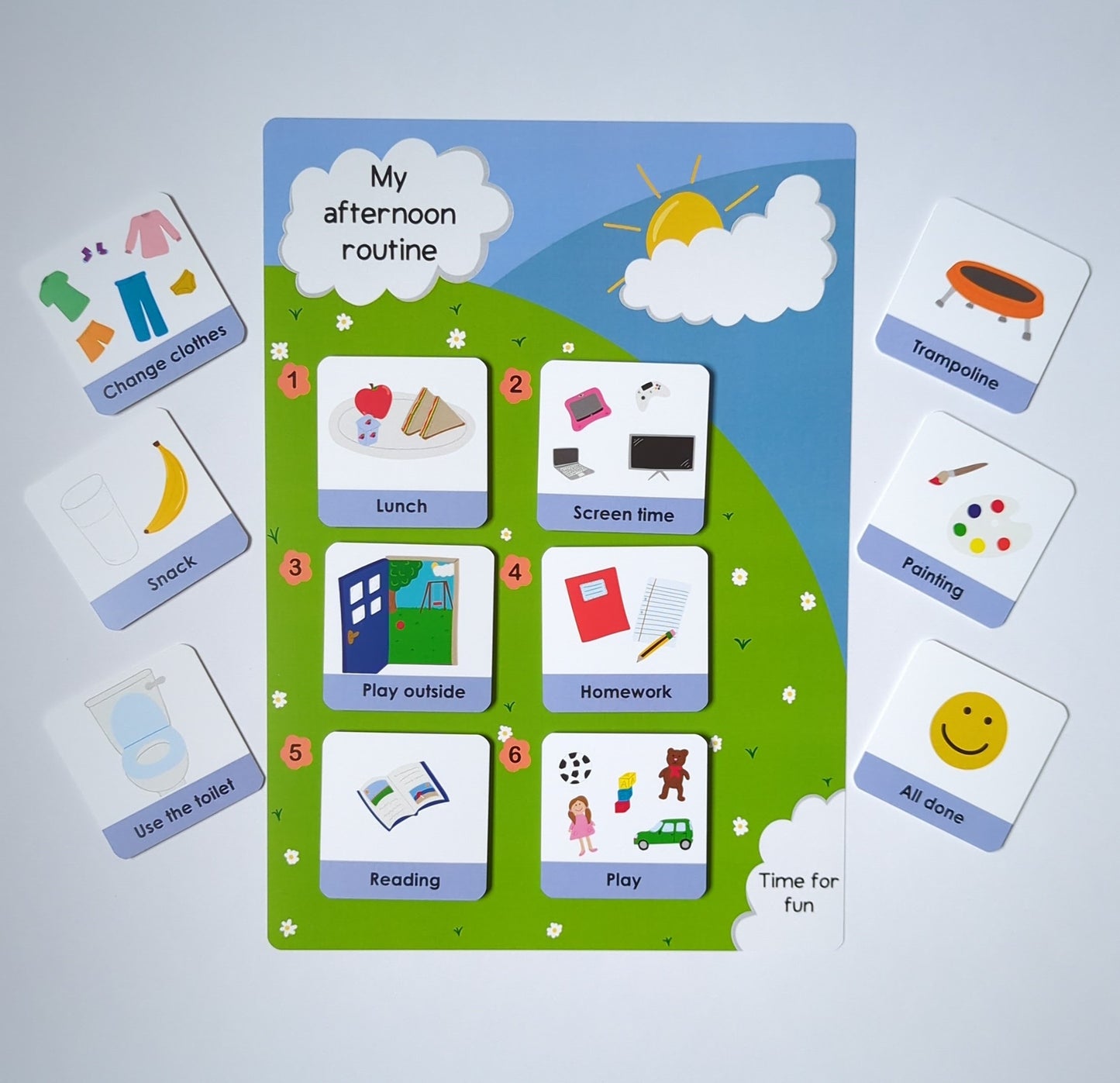 Colourful visual aid routine chart for children. Main chart depicts visua of time of day, individual image cards illustrate different activities and tasks throughout that time of day to build a routine. 