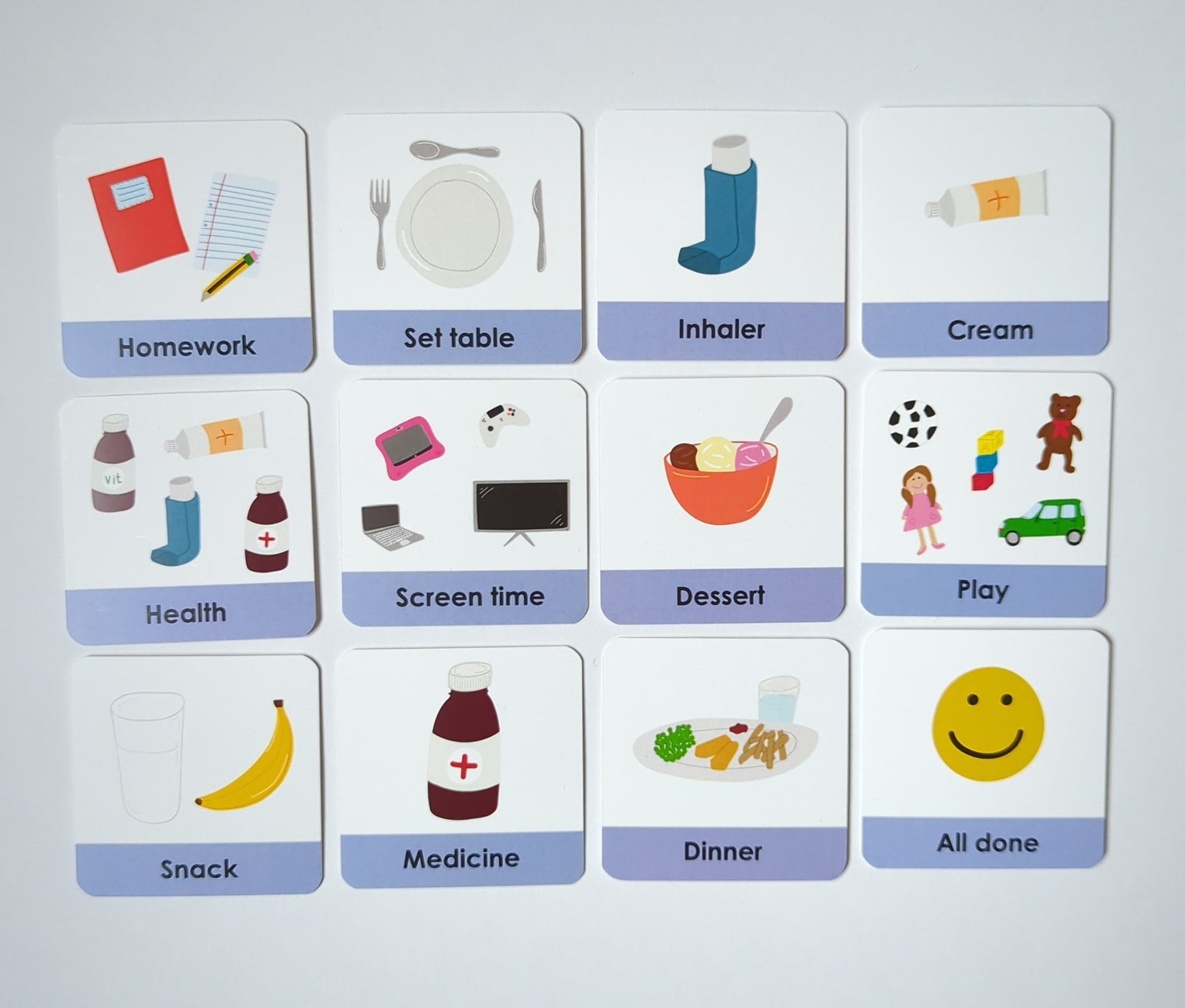 Set of 12 visual aid image cards, colourful individual illustrations depicting different activities and tasks for a visual routine.