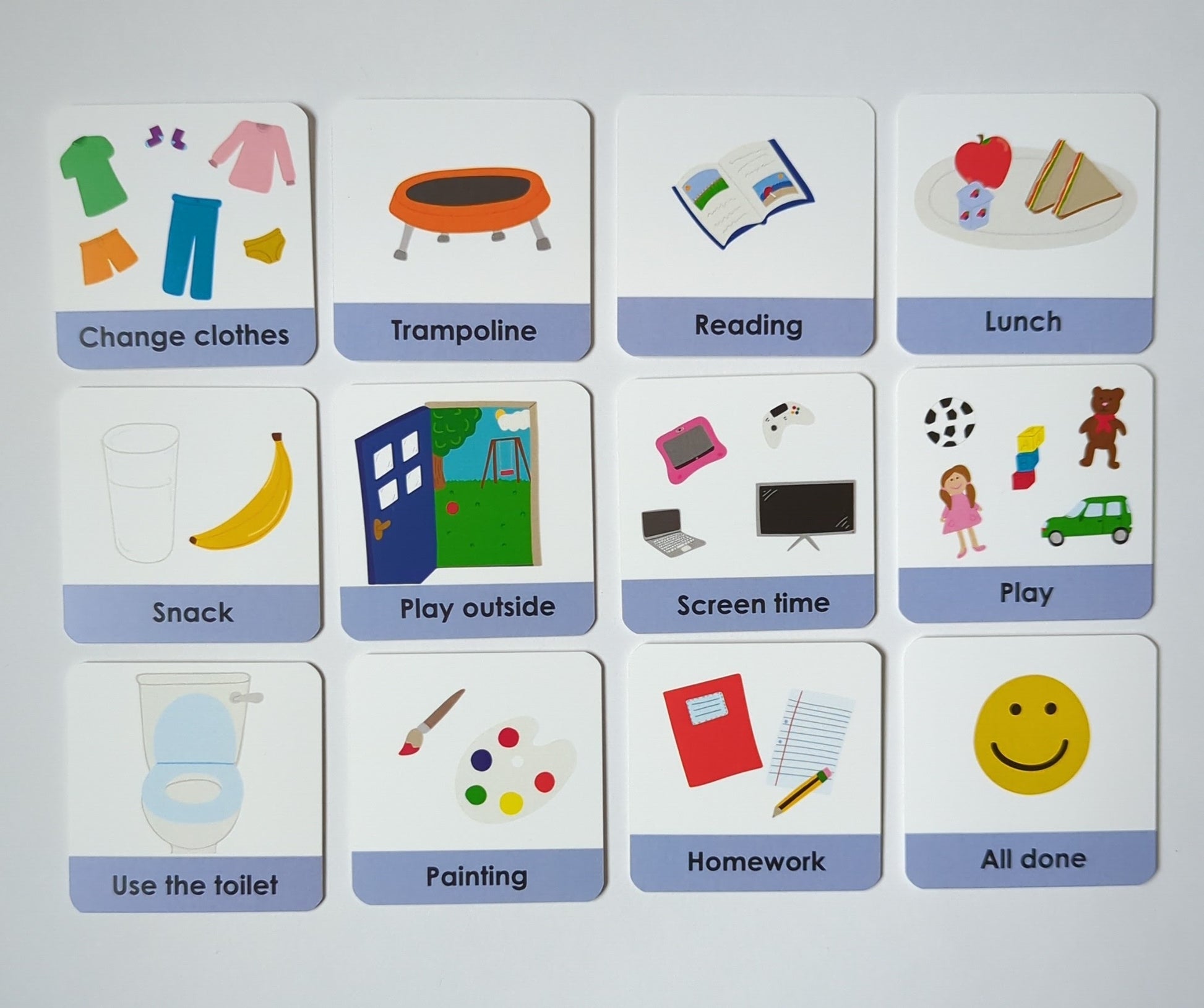 Set of 12 illustrated image routine cards for visual aid. colourful images depict different tasks and activities to build a structure and routine for children.