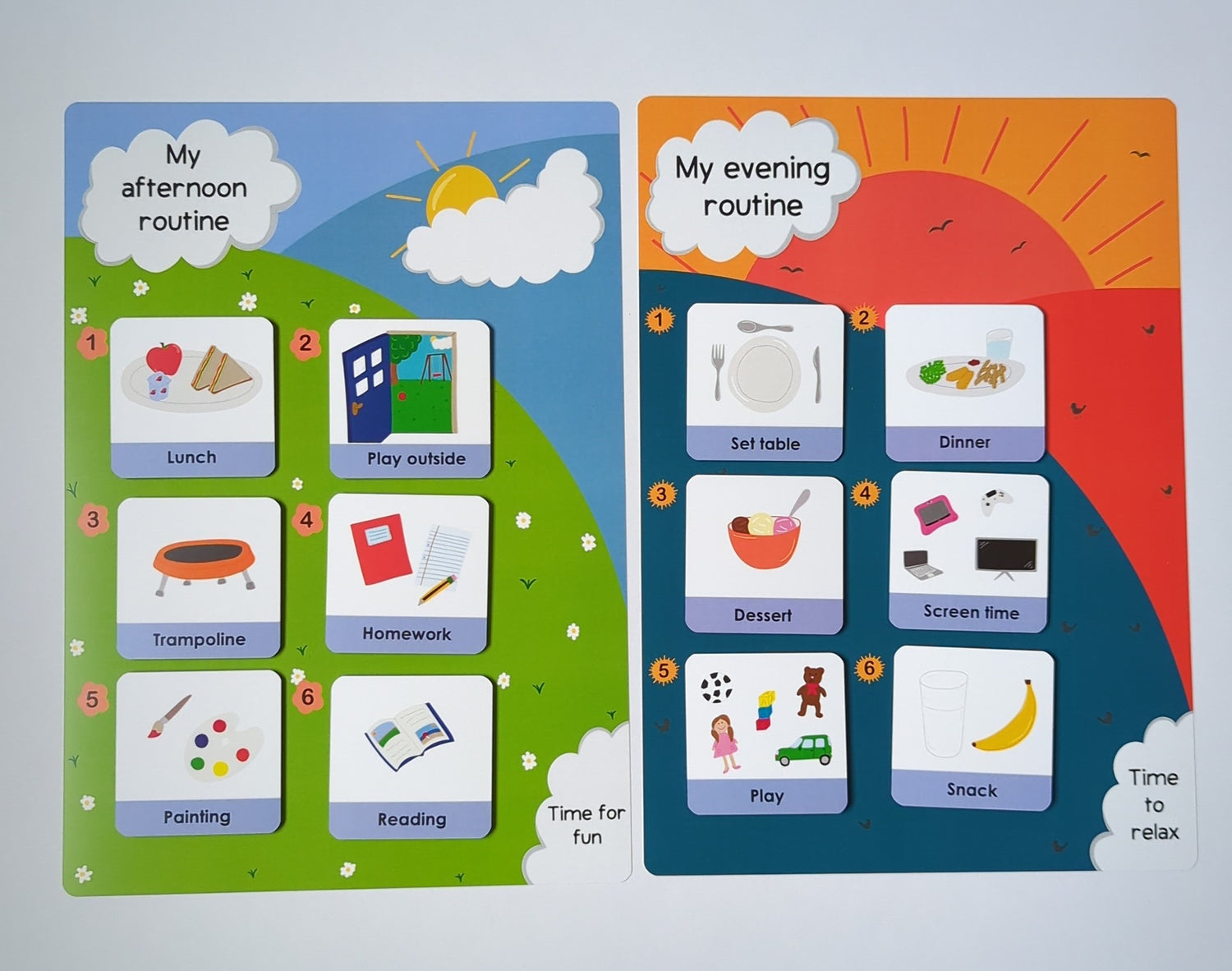 Image of an afternoon and evening visual routine chart for children, main  board designs depict the general time of day, and there are 6 spaces for smaller image cards illustrating the steps in the routine. Visual aid, visual schedule